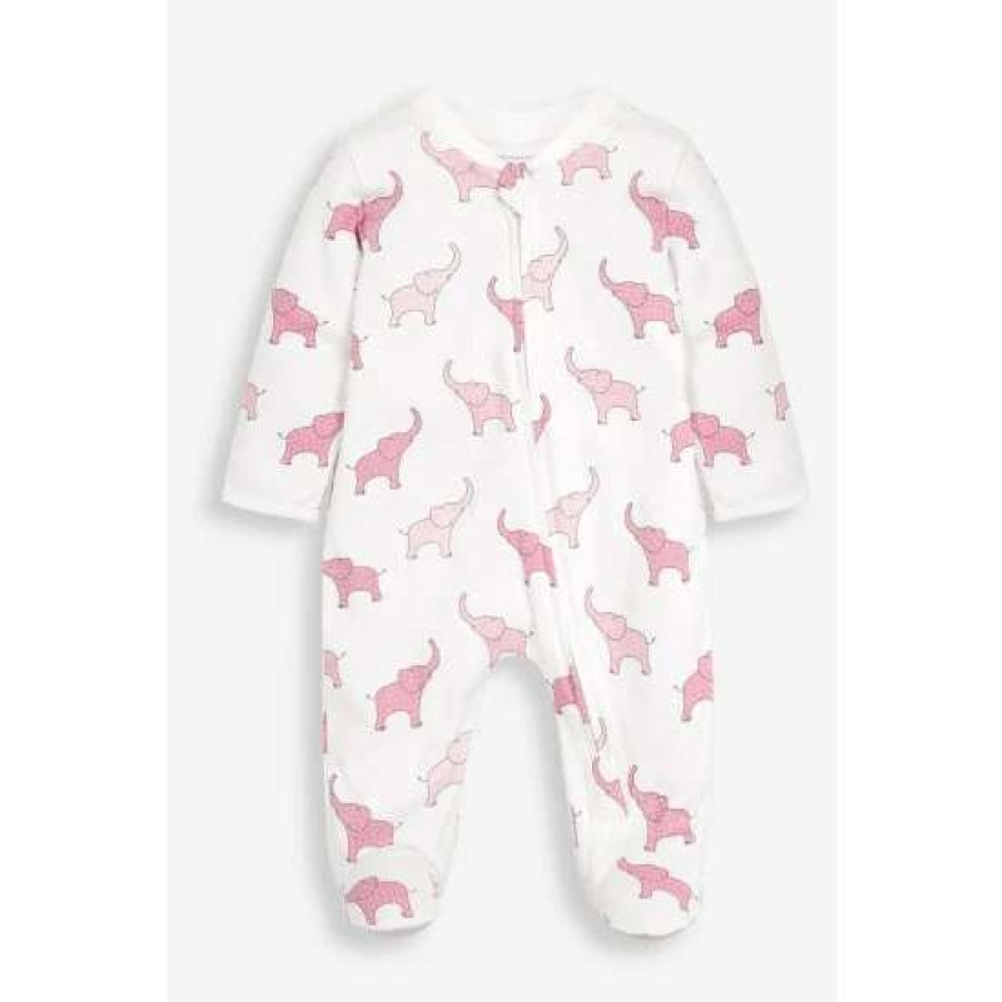 Sleepsuits * | Jojo Maman Bebe Pink Elephant Print Zip Sleepsuit