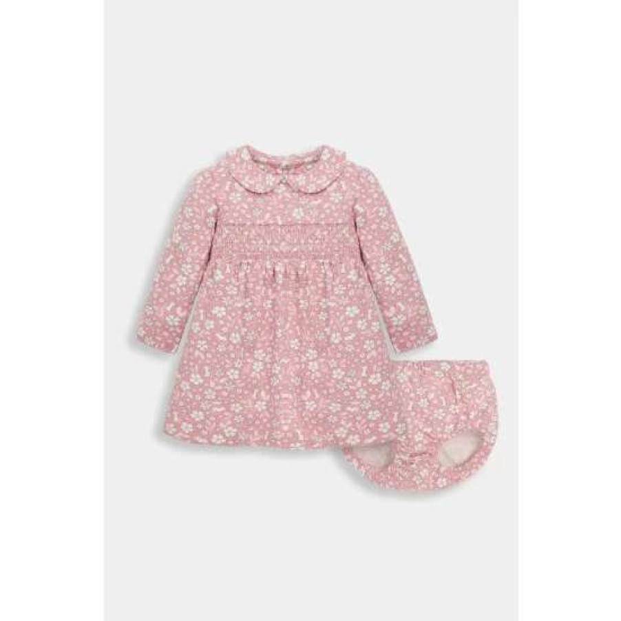 Dresses * | Jojo Maman Bebe Pink Mouse Floral Smocked Baby Dress With Knickers