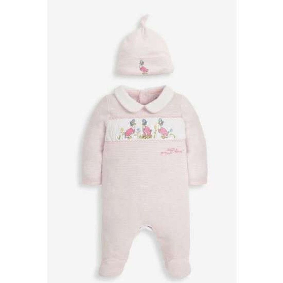 Sleepsuits * | Jojo Maman Bebe Pink Jemima Smocked Sleepsuit And Hat