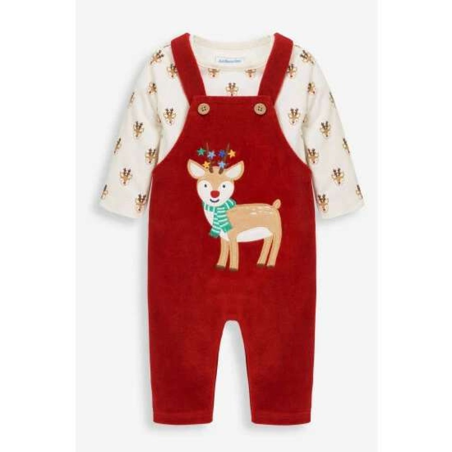 Dungarees * | Jojo Maman Bebe Red Reindeer Dungarees And Body Set