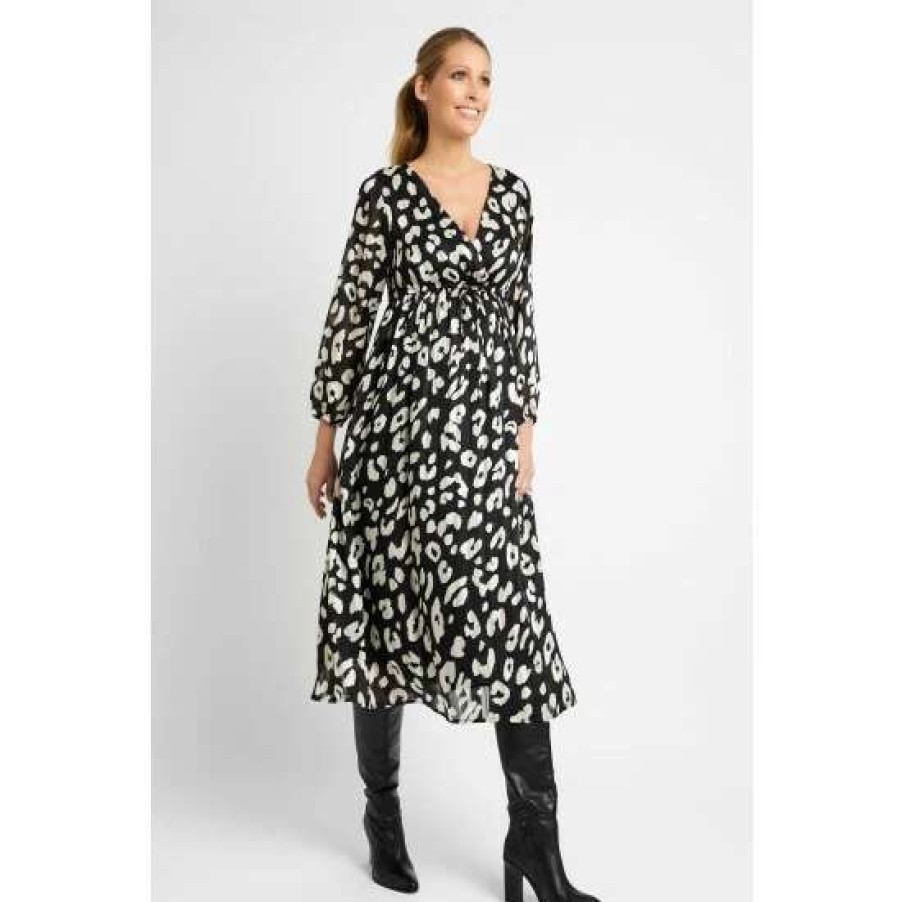 Dresses * | Jojo Maman Bebe Black Animal Print Wrap Maternity Midi Dress