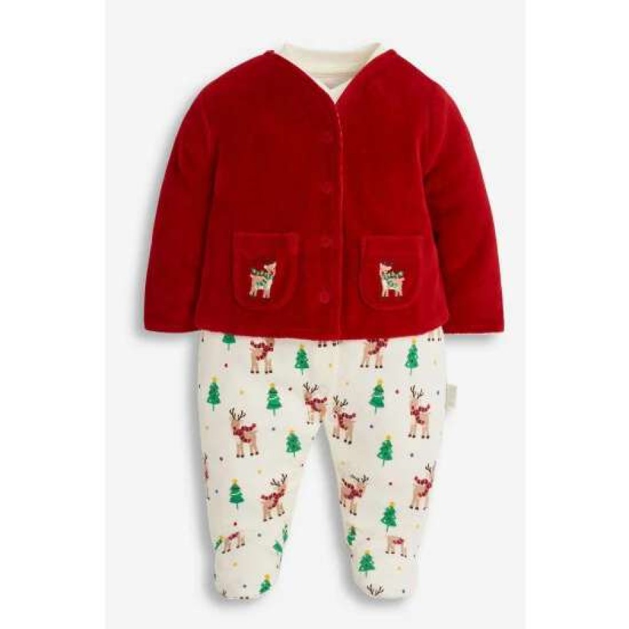 Sleepsuits * | Jojo Maman Bebe Red Sleepsuit And Velour Jacket 2 Piece Set