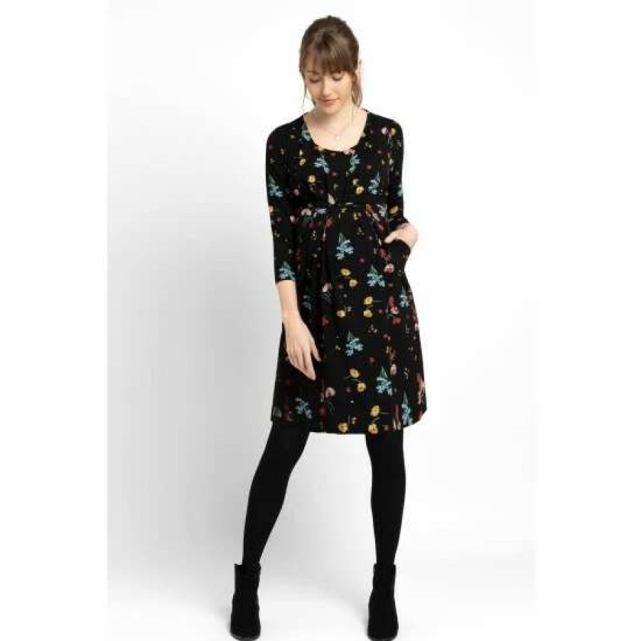 Dresses * | Jojo Maman Bebe Black Floral Maternity & Nursing Pleat Dress