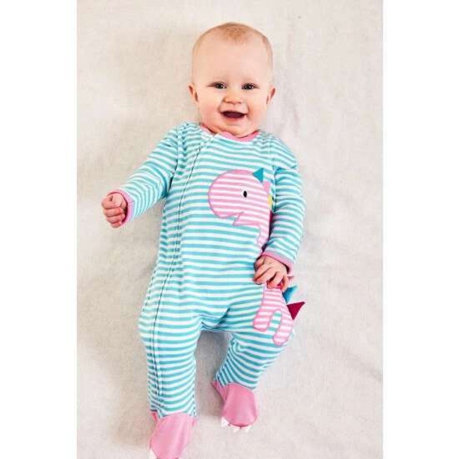 Sleepsuits * | Jojo Maman Bebe Blue Stripe Dino Applique Zip Sleepsuit