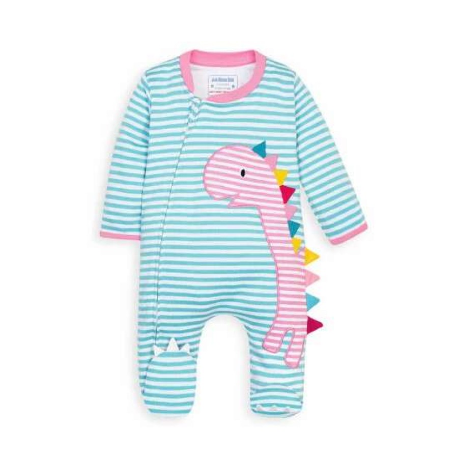 Sleepsuits * | Jojo Maman Bebe Blue Stripe Dino Applique Zip Sleepsuit