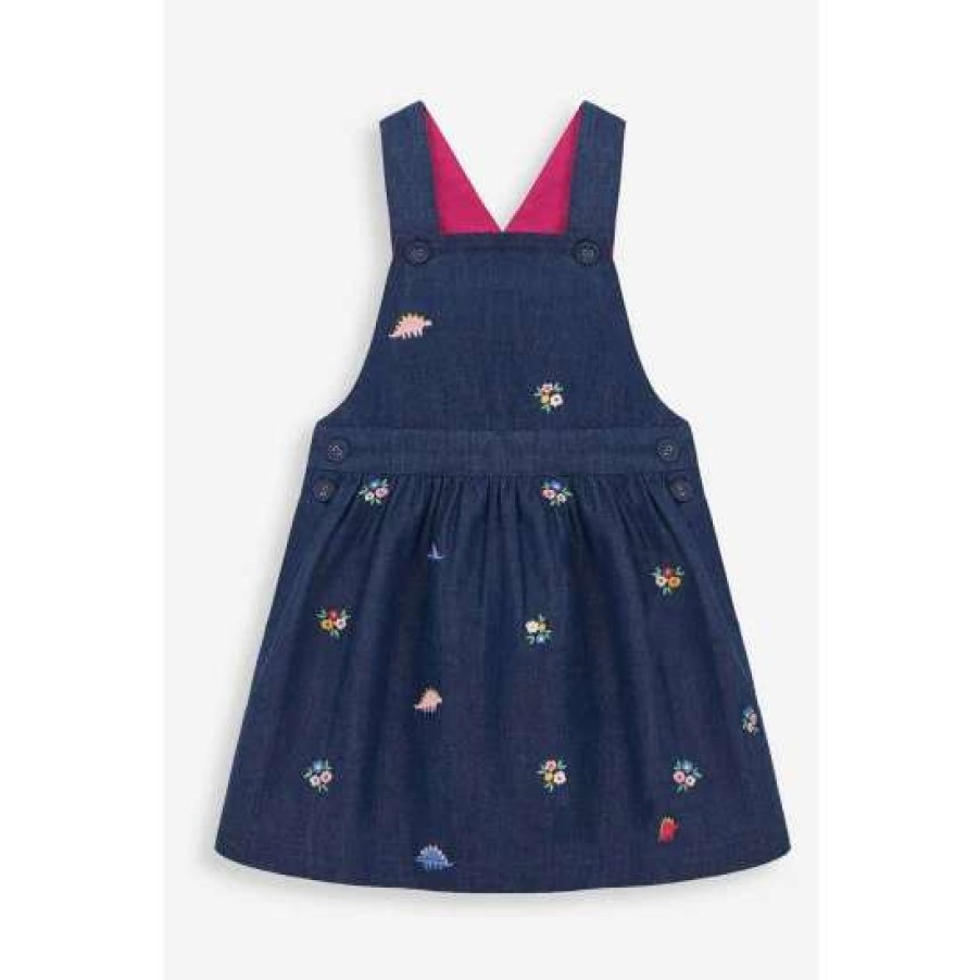 Dresses * | Jojo Maman Bebe Blue Dino Embroidered Pinafore Dress