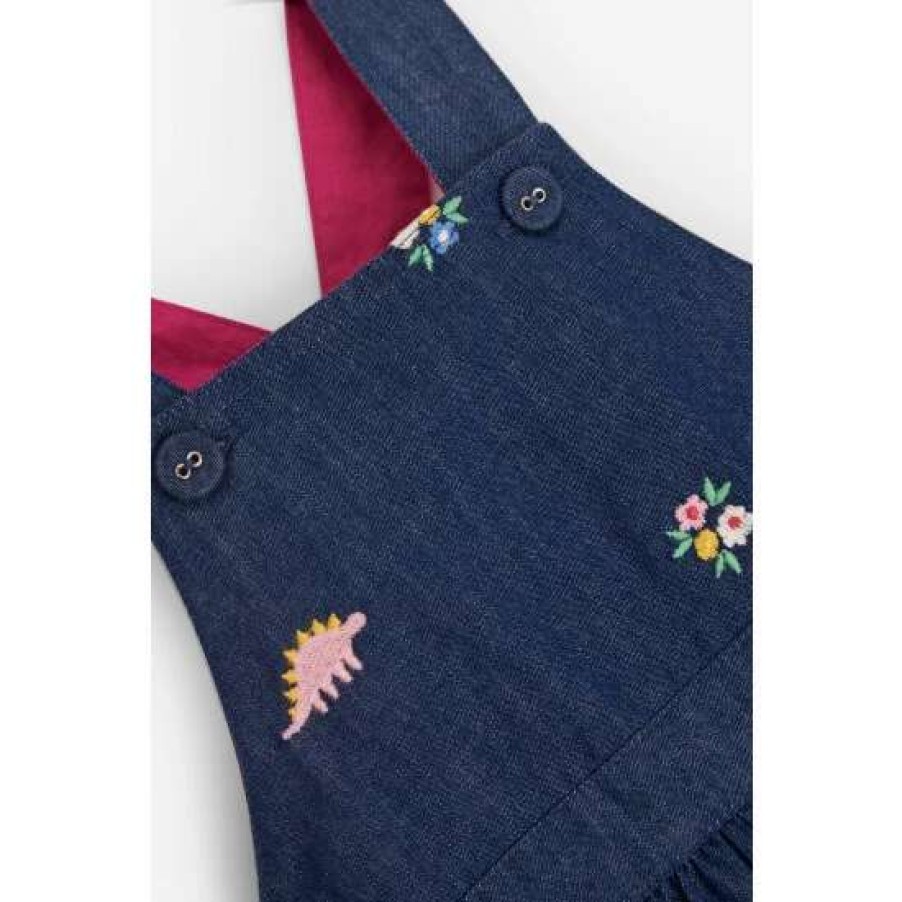 Dresses * | Jojo Maman Bebe Blue Dino Embroidered Pinafore Dress