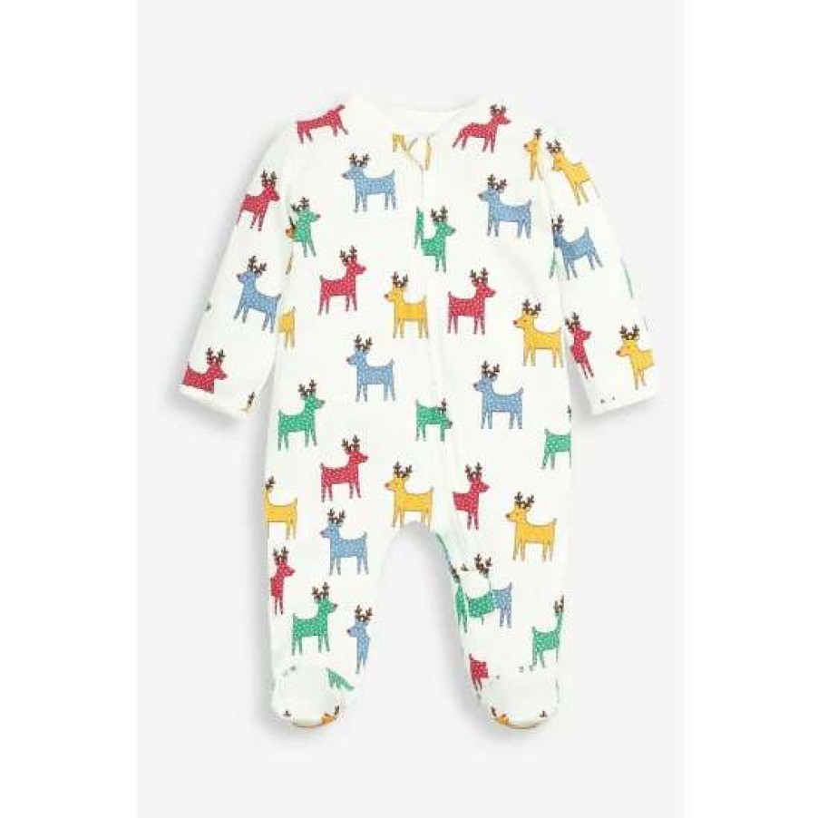 Sleepsuits * | Jojo Maman Bebe Reindeer Print Zip White Sleepsuit