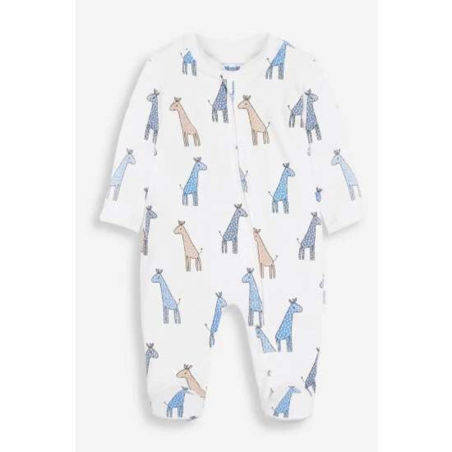 Sleepsuits * | Jojo Maman Bebe Blue Giraffe Print Zip Sleepsuit