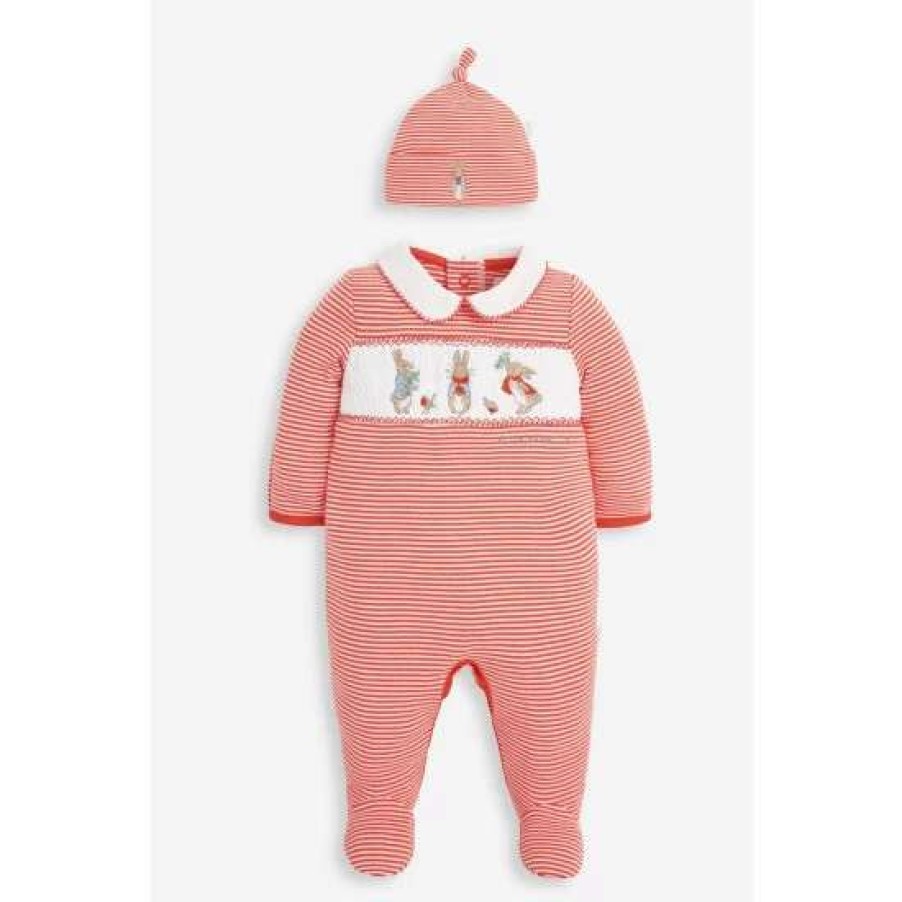 Sleepsuits * | Jojo Maman Bebe Red Peter Rabbit Smocked Christmas Sleepsuit And Hat Set