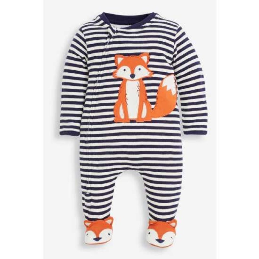 Sleepsuits * | Jojo Maman Bebe Blue Fox Applique Zip Sleepsuit