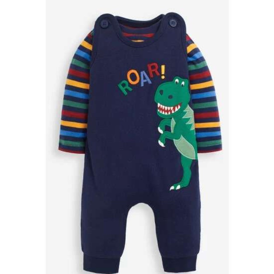 Dungarees * | Jojo Maman Bebe Blue T-Rex Applique Dungarees And Top Set