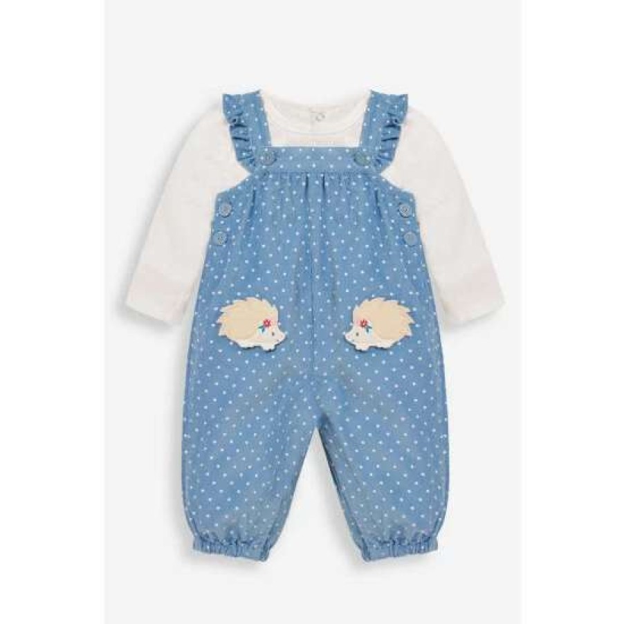 Dungarees * | Jojo Maman Bebe Blue Hedgehog Applique Pockets Dungarees And Top Set