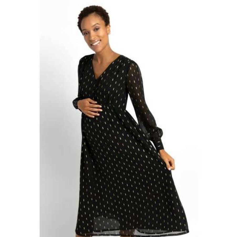 Dresses * | Jojo Maman Bebe Black Foil Print Button Front Maternity Midi Dress