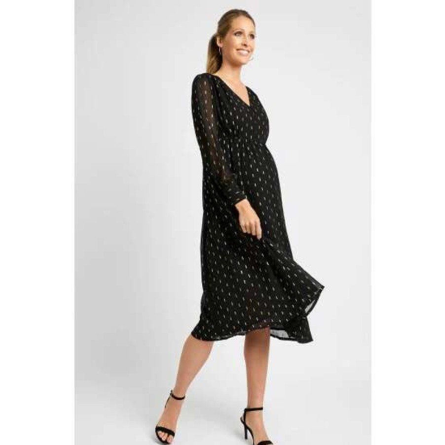 Dresses * | Jojo Maman Bebe Black Foil Print Button Front Maternity Midi Dress