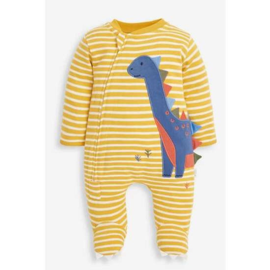 Sleepsuits * | Jojo Maman Bebe Yellow Dinosaur Applique Zip Sleepsuit