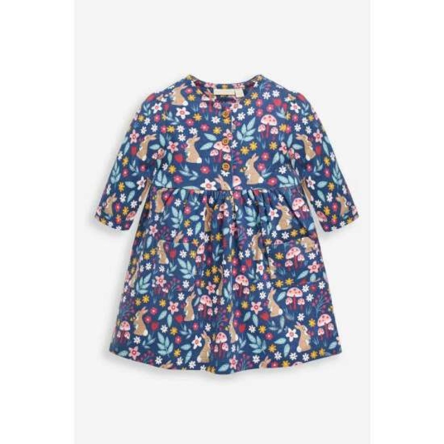 Dresses * | Jojo Maman Bebe Blue Bunny Print Button Front Dress With Pet In Pocket