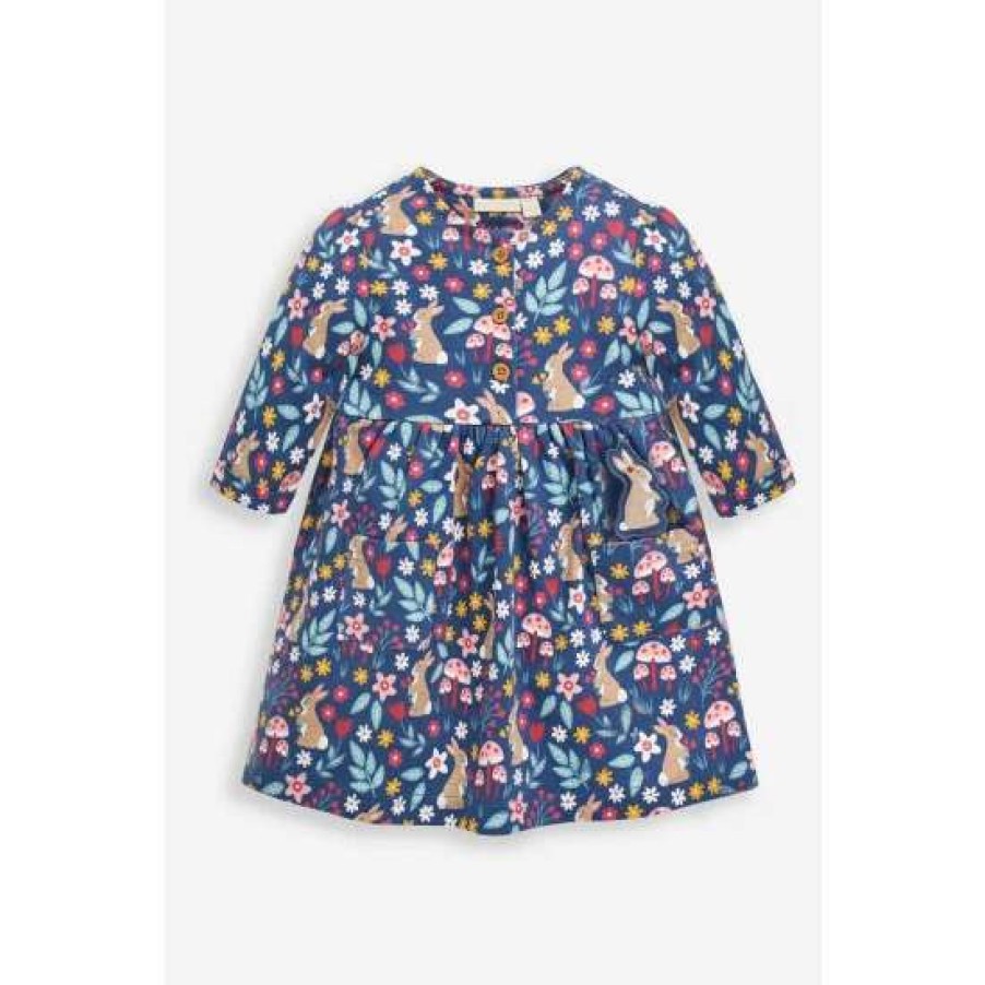 Dresses * | Jojo Maman Bebe Blue Bunny Print Button Front Dress With Pet In Pocket