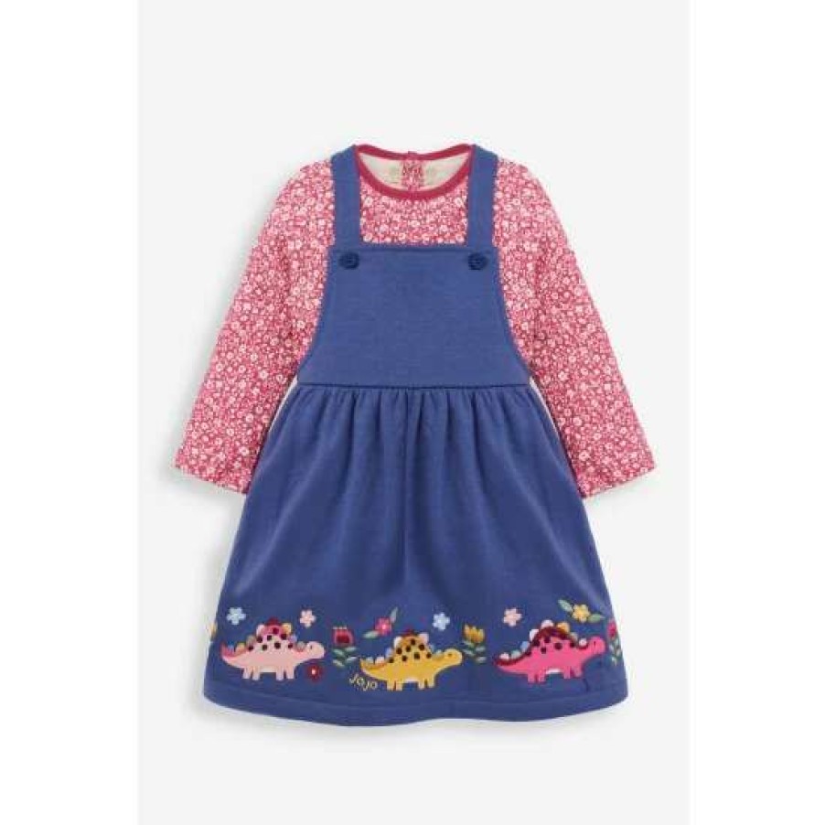 Dresses * | Jojo Maman Bebe Blue Dino Applique Pinny And Top Set