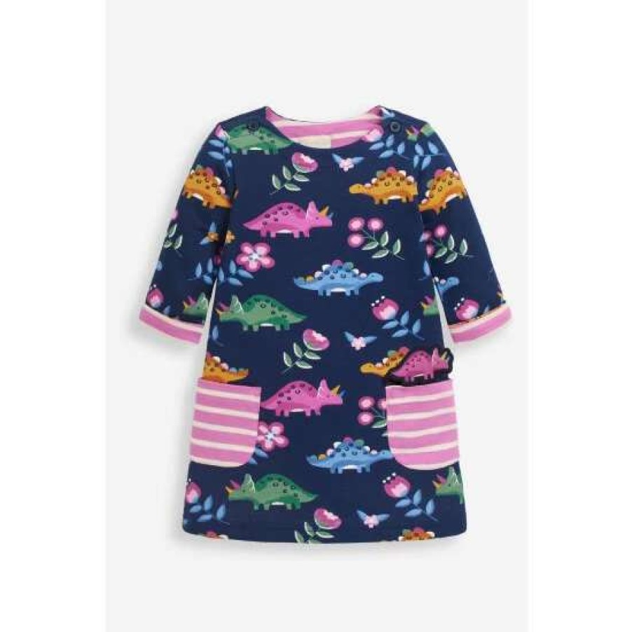 Dresses * | Jojo Maman Bebe Blue Dino Print A-Line Dress With Pet In Pocket